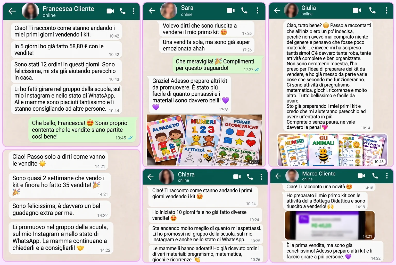 Messaggi di clienti che raccontano le loro prime vendite con i kit della Bottega Didattica